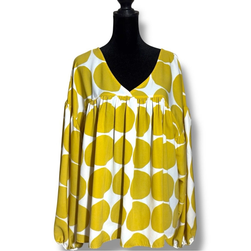 Ces Femme Yellow and White Long Balloon Sleeve Lightweight Flowy V-Neck Blouse - Picture 3 of 16